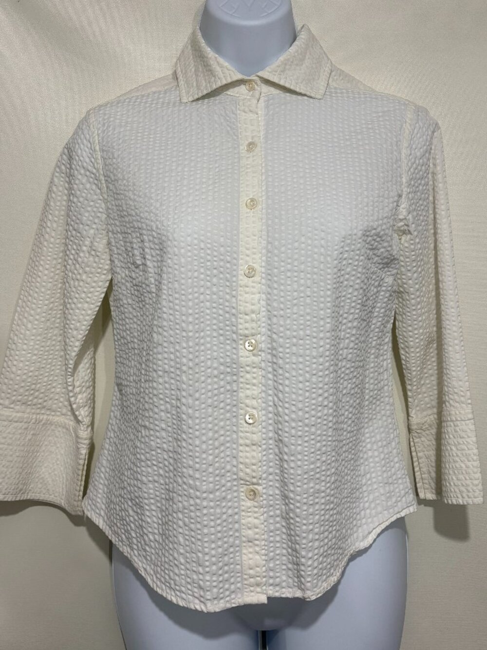 Faconnable XS Cotton Seersucker Puckery Shirt Blouse 3/4 Sleeve